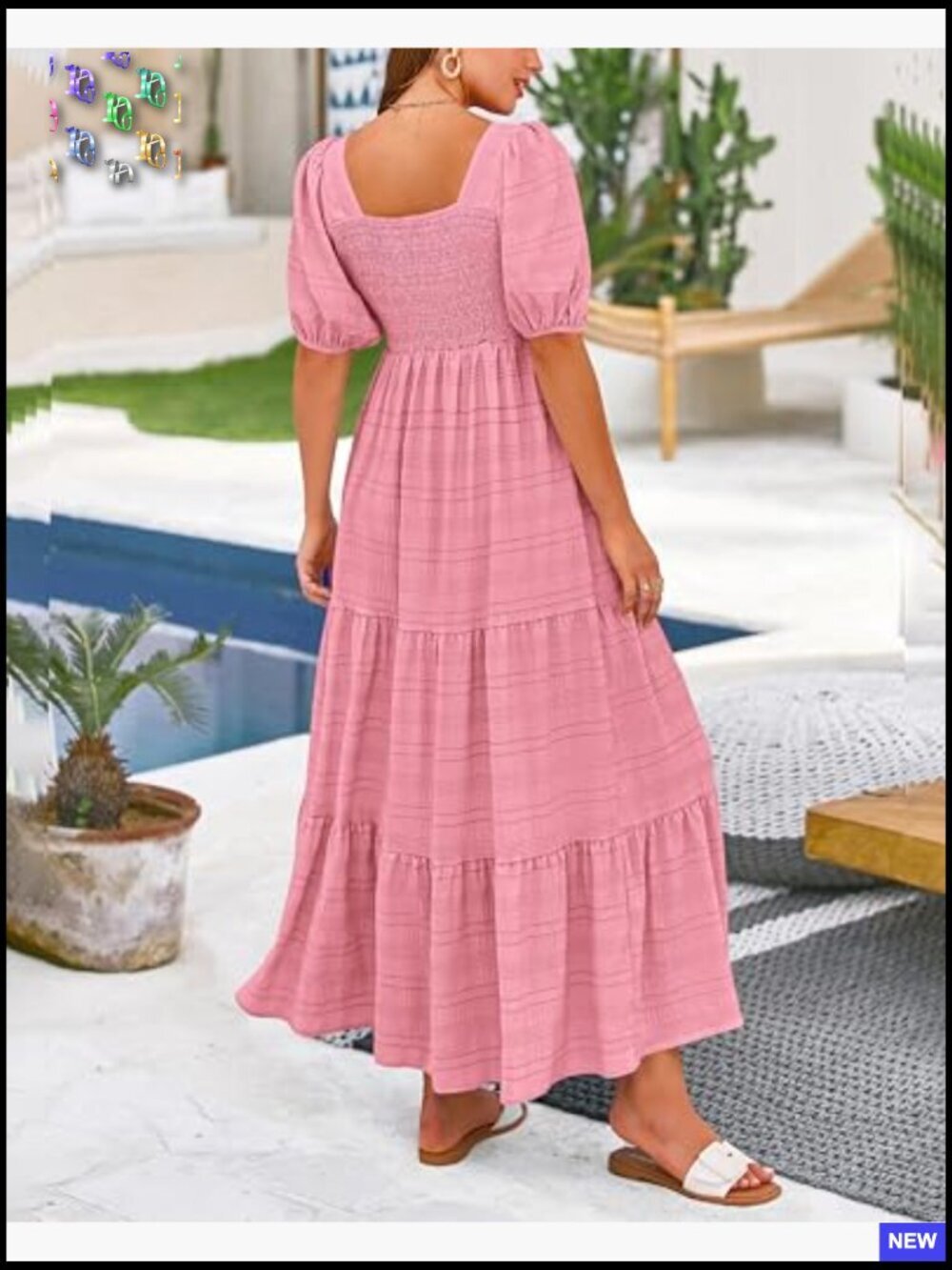 Puff Sleeve Square Neck Smocked Midi Dress Flowy A-Line High Waist Loose Fit - Picture 5 of 7